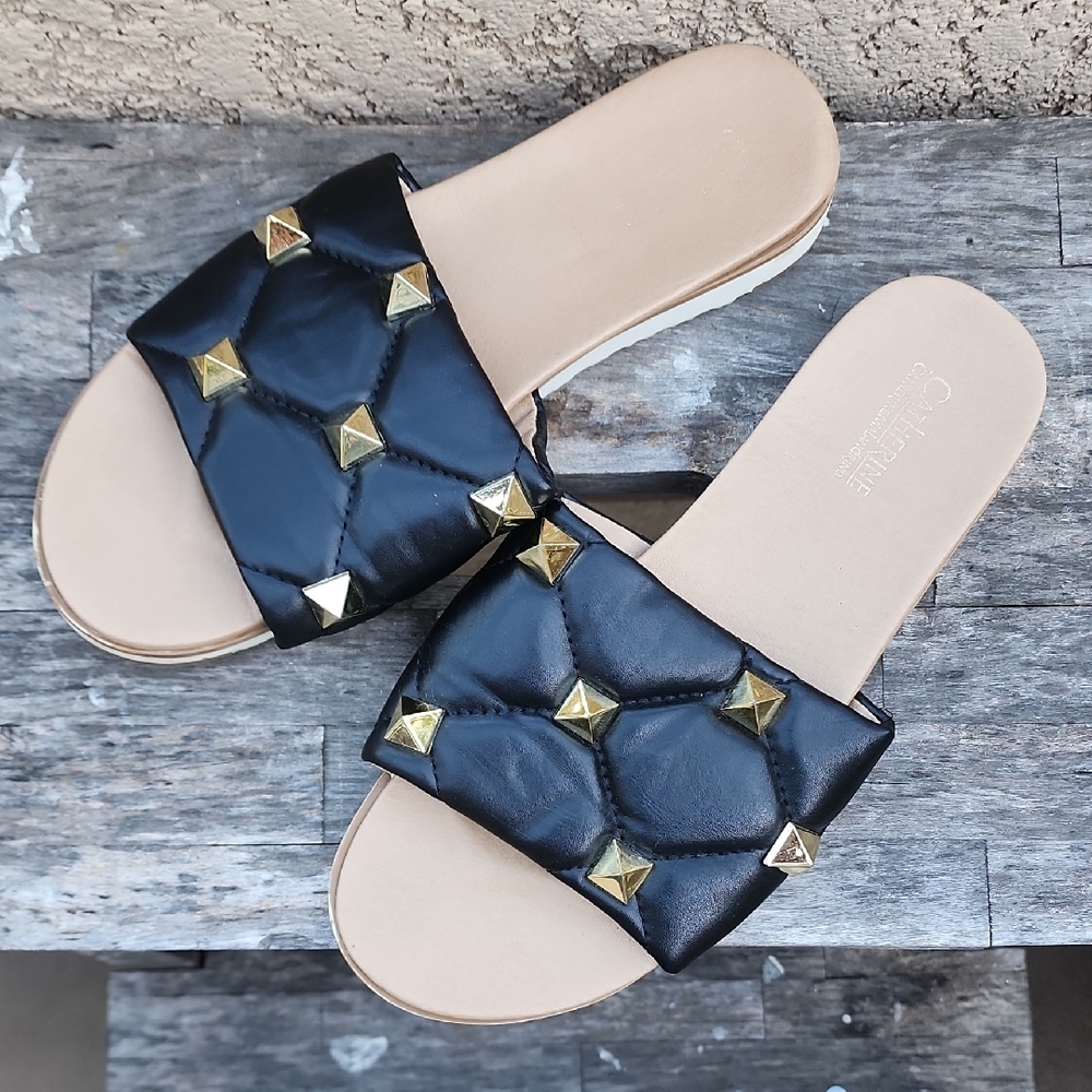 Catherine Malandrino Slide Sandals Black and Gold Studded Size 9